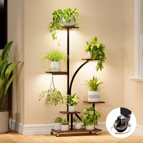 Présentoir à plantes avec lumière de croissance, support à fleurs 6 niveaux 125 cm, présentoir à plantes métal bois avec roulettes de fixation, présentoir à fleurs intérieur extérieur, escalier à (1/5)