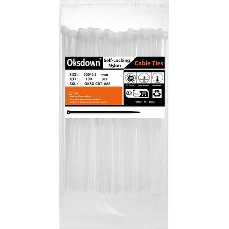 Kabelbinder 100 Stück UV beständig Zugfestigkeit 200mm × 2,5mm Weiß (1/5)