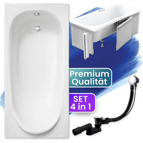 Badewanne Rechteck 190x80  mit Styroporverkleidung, Ablaufgarnitur & Füßen GRATIS - Komplettset 4in1 Original Acryl Wanne Siphon - BADLAND MEDIUM
