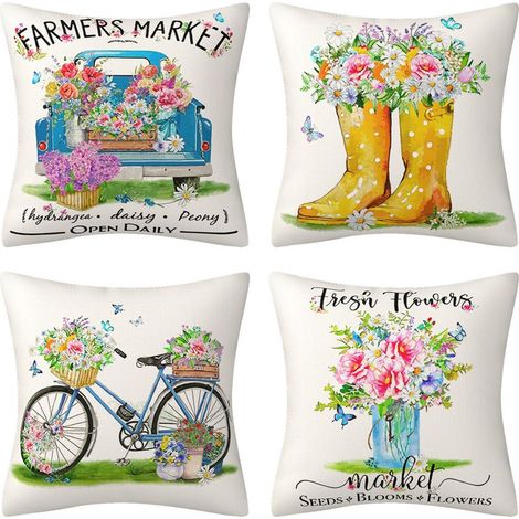 Housse de Coussin Décorative Ferme Printemps Plante Fleur Motif Canapé Taie d'oreiller Carrées 45x45cm Housse Coussin Extérieur Imperméable pour Canapé Maison Salon Chambre Jardin 4 Pièces (1/5)