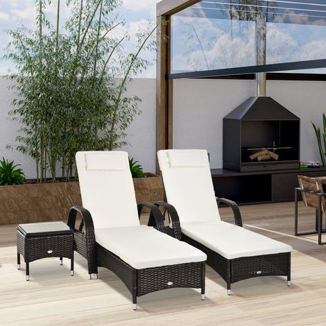 Ensemble de 3 chaises longues de jardin, 2 chaises longues avec table d'appoint, coussins inclus, en polyrotin, marron et blanc crème (1/5)