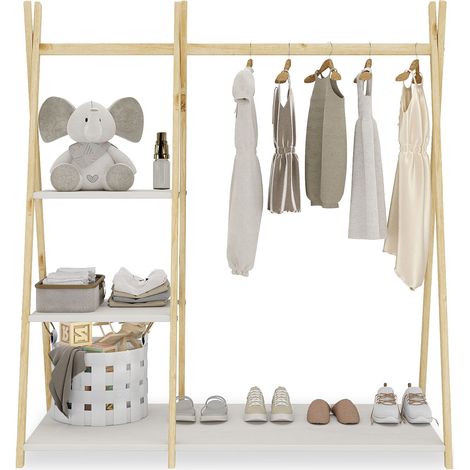 Idimex – Armoire enfant Lotte 115x108x47 cm en pin massif naturel/blanc – 3 étagères et barre penderie – Design compact pour petits espaces (1/4)