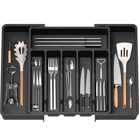 Plateau à ustensiles extensible pour tiroir, organiseur de couverts, organiseur de tiroir pour cuisine, support de rangement en plastique pour couvert (1/5)