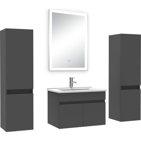 Acezanble Ensemble meuble Salle de Bain 60cm avec colonne et miroir lumineux dimmable mural anthracite