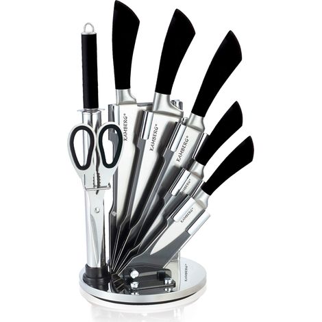 Kamberg 0008131 Set di 8 Coltelli in Acciaio Inox, Supporto Acrilico, Coltelli da Cucina, Nero (1/4)