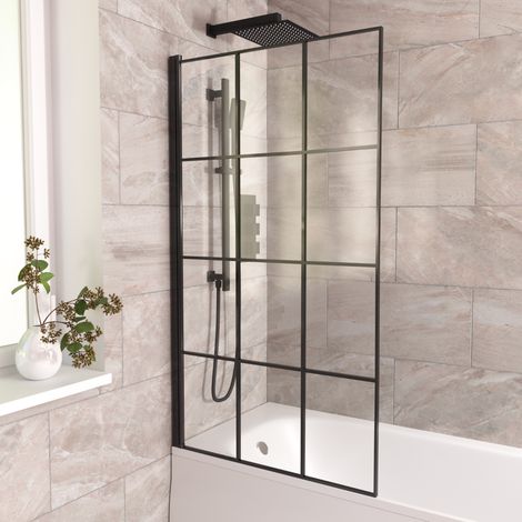 800mm Square Bath Screen Black Profile With Grid Glass Reversible  Sheen (1/5)