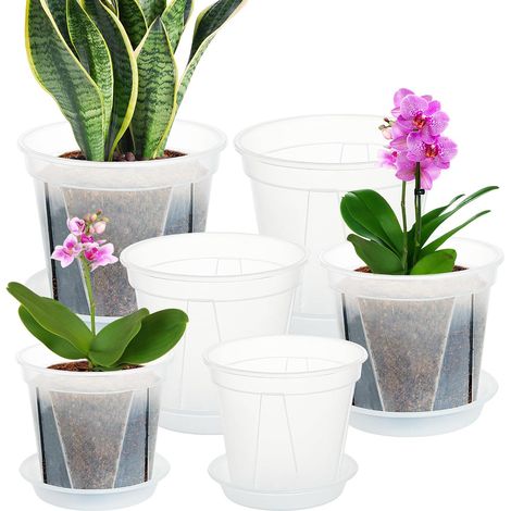 Set mit 6 Kunststoff-Blumentöpfen, 12/15/18 cm dick, mit Abflusslöchern und Untersetzern - Anzuchttöpfe für drinnen und draußen - Für Orchideen, Penoy (transparent) (1/5)