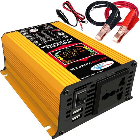 Convertisseur de puissance à onde sinusoïdale modifiée haute fréquence 6000 W, convertisseur CC 12 V vers CA 220 V, chargeur allume-cigare avec double port USB 2,1 A, pinces de batterie, prise allume- (1/2)