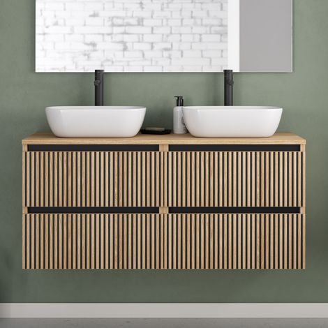 Meuble de salle de bain 140cm avec plateau et 2 vasques à poser arrondies - 4 tiroirs - sans miroir - roble era (chêne clair) - VENERIA (1/5)
