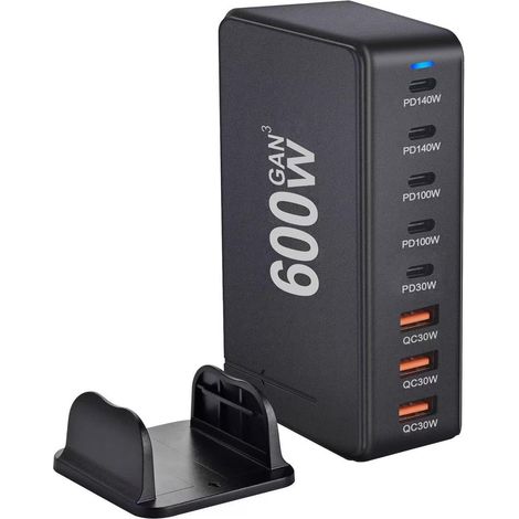 Chargeur USB-C GaN 600W 8 ports — Charge rapide 140W : 5 USB-C + 3 USB-A. Compatible avec MacBook, iPhone et iPad. Station multiport. (1/5)