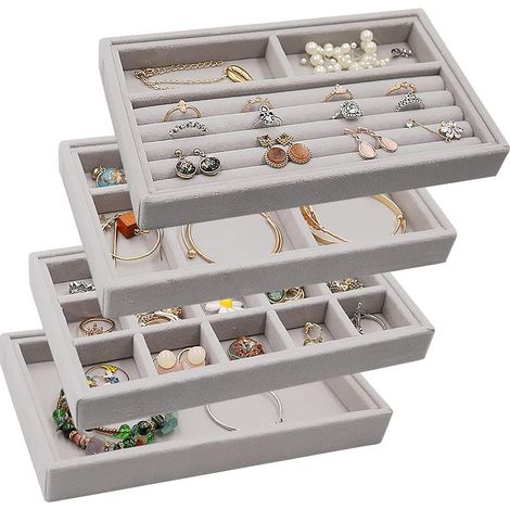 Stackable Jewelry Organizer Trays Drawer Inserts,Velvet Earring Display Trays, Box Ring Holder Necklace Case, Storage for Bracelet Brooch Watch, Set of 4 (Gray) (1/5)
