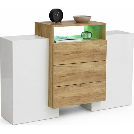 Credenza moderna 140 cm con 2 ante, 2 ripiani, 3 cassetti, vano aperto e LED multicolore, finitura lucida bianca e legno, in MDF, per soggiorno - CHICFURN (1/5)