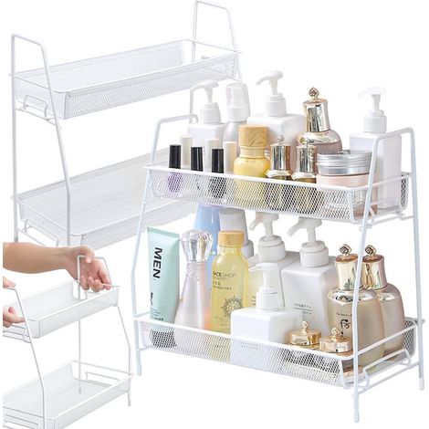 Étagère à épices à 2 niveaux, style loft, en métal blanc, pour comptoir de cuisine ou salle de bain. (1/5)