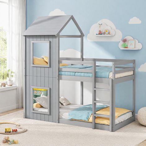 MEUBLIV Lit cabane enfant en pin gris avec barrière de sécurité montage facile et structure stable (1/5)