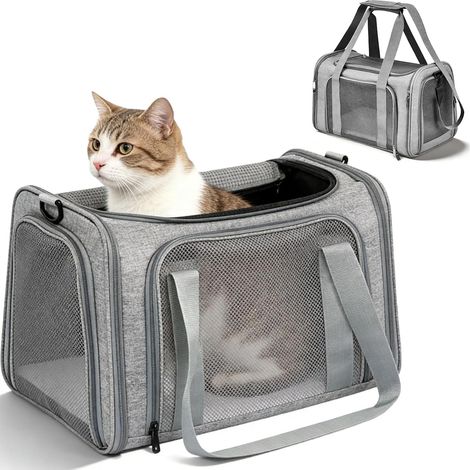 Sac Transport Chat, Caisse De Transport Chat, Coffre pour Le Transports d'animaux, 45 X 30 X 30 Cm, Jusqu'À 8 Kg, Sac Chat Transport avec Bandoulière Réglable pour Chiot, Chat Gris (1/5)