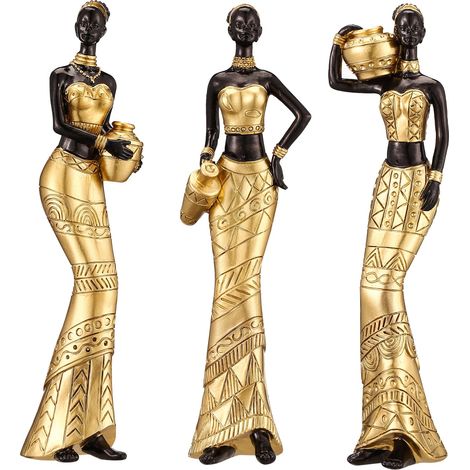 Lot de 3 Statues africaines Vintage - Figurines tribales pour Femme - Bibliothèque, décoration de Bureau - Cadeau pour Anniversaire, Noël, Thanksgiving, Maman - Doré (1/5)