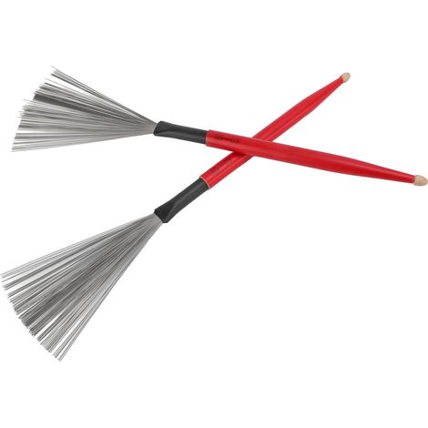 2 Paires Balais de Batterie Double Tête, Bagettes en Érable avec Brosse Métallique et Caoutchouc, Usage Portable pour Groupe, Rouge (1/5)