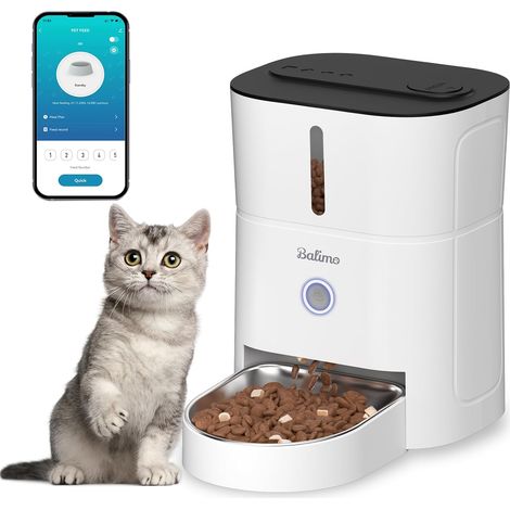 Dispensador automático de comida para gatos Balimo, 3 L, wifi 2.4G, de 1 a 10 comidas por persona, apto para perros y gatos, color blanco