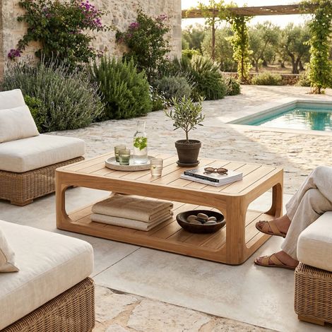 Naturel Garten-Couchtisch aus massivem Teakholz, 122x86x35 cm, zwei Tischplatten und abgerundete Ecke (NATOFTB12286S)