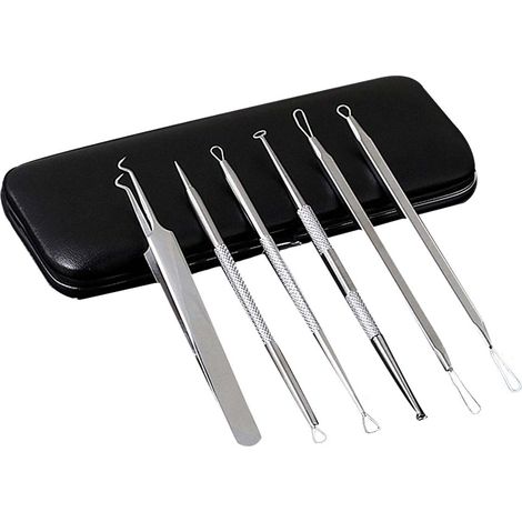 Kit professionnel d'extraction de points noirs, d'imperfections et de boutons d'acné, avec étui en cuir, comprenant 6 outils d'extraction pour points blancs, boutons et points noirs. (1/5)