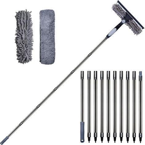Grattoir à vitres 2 en 1 avec manche télescopique de 4,5 m - Nettoyage des vitres en hauteur, voiture, douche, intérieur et extérieur, gris (1/5)