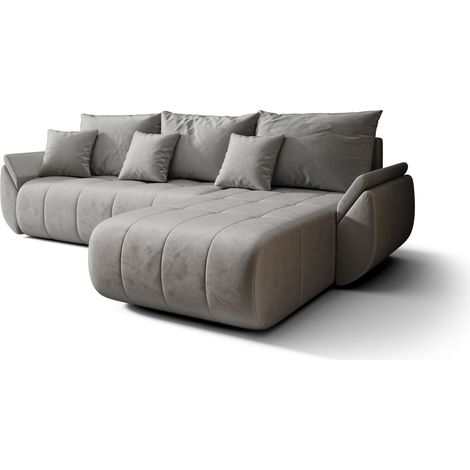 Canapé d’angle velours beige convertible avec coffre NOVA angle droit-Gris clair-angle droit (1/5)