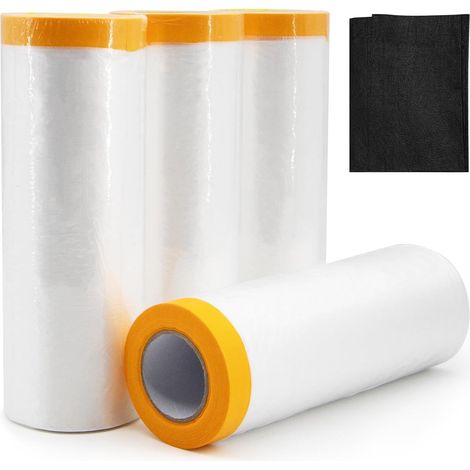 4 Rolls of Paint Protection Tarpaulin with Adhesive and Cleaning Cloth, 270 cm x 20 m Transparent Protective Paint Roll Tarpaulin Paints with Scotch for Floor Automotive Furniture (1/5)