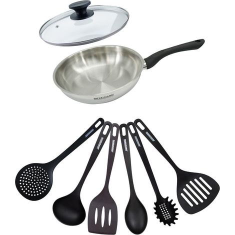 Set poêle 24 cm en inox, couvercle verre et 6 ustensiles Fackelmann Geneva (1/5)