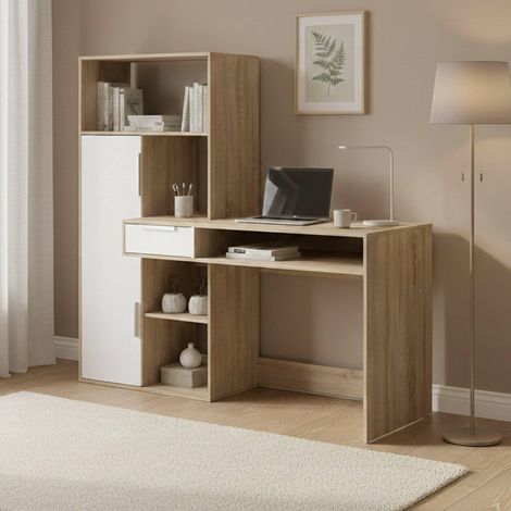 Bureau multifonction avec bibliothèque, tiroir et porte, coloris blanc et chêne, 162 x 155 x 60 cm (1/5)