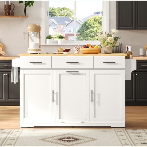 Îlot de cuisine mobile avec plan de travail rabattable, 3 tiroirs, 2 portes, meuble poubelle, bloc prises 2 AC + 2 USB, roulettes verrouillables, MDF blanc et bois clair – CHICFURN (1/5)