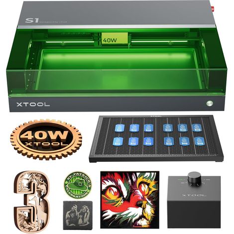 xTool S1 Graveur Découpe Laser Fermé, 600 mm/s, Positionnement Pin-Point, Autofocus, pour Bois, Métal, Cuir, Acrylique et Verre - Noir, S1 40W kit de base