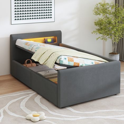 Lit simple enfant rembourré moderne 90x200 cm avec tête de lit LED, USB, coffre hydraulique et dossier réversible gris (1/5)