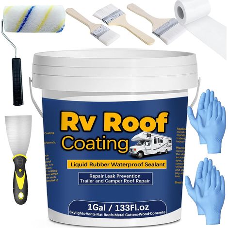1Gal/133Fl.oz Revêtement de toit en caoutchouc liquide RV Revêtement de toit Camping Réparation Solaire Toit Brosse à bois Réfléchissante Couteau Nitrile Gants Roller Drywall Réparation Ruban (1/5)