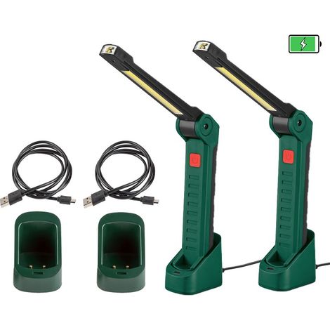 Juego de 2 Lampara Linterna de Taller LED recargable con BASE DE CARGA,  Iman y 3 modos de luz  2200 mAh, 600 Lm