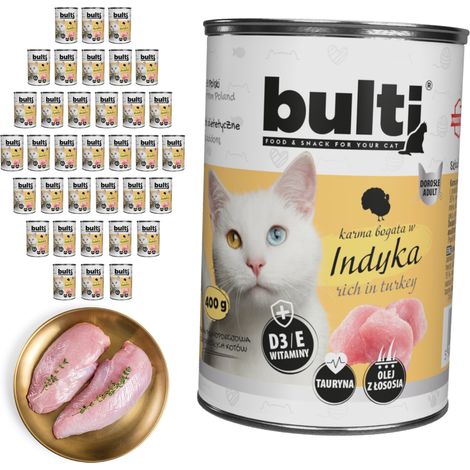 Alimento húmedo para gatos BULTI sabor pavo, lata de 36 x 400 g. (1/2)