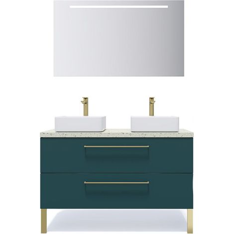 Meuble de salle de bain suspendu 2 vasques à poser 120cm 2 tiroirs Bleu + miroir - Glasgow (1/5)