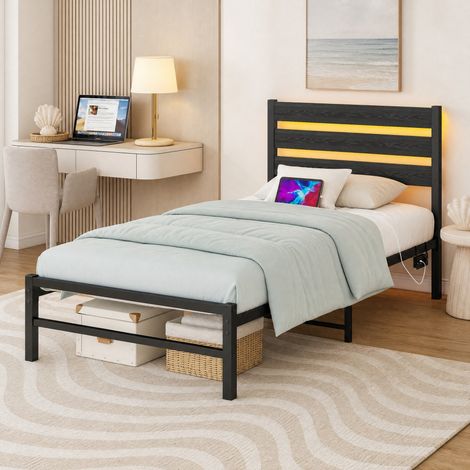 Estructura de cama 90x200 cm de metal negro con cabecero LED y USB OKWISH (1/5)