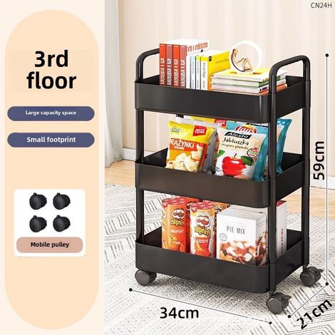 Estantería móvil con ruedas para cocina, dormitorio, suelo, multinivel, móvil para aperitivos de bebé, baño, aseo (negra, 3 niveles)