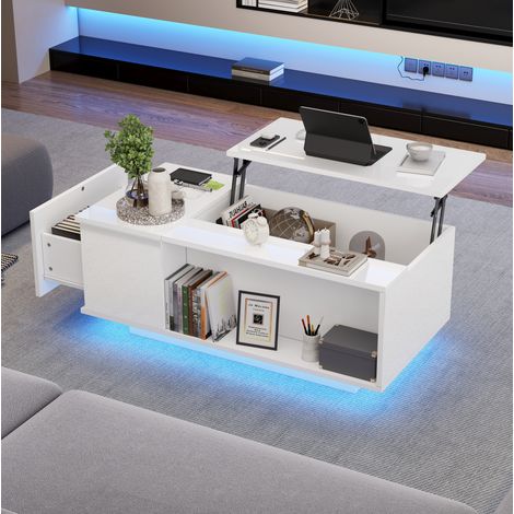 Mesa de centro elevable 100 x 50 x 40 cm con almacenamiento, LED y cajón, blanca DESVIAE (1/5)