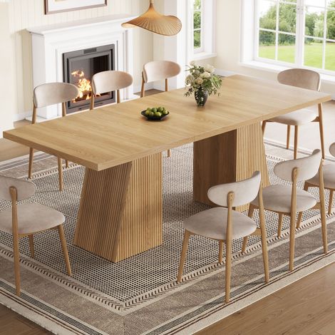 Table à manger extensible 120x80 cm jusqu' à 160x80 cm, 76 cm de hauteur, pour 4 à 6 personnes, rallonge intégrée et pieds trapézoédaux striés, MDF, finition chêne (1/5)