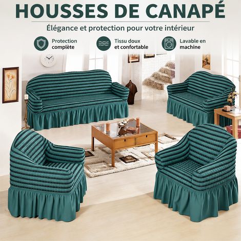 Housse de canapé extensible gaufrée bicolore bleu et gris 3 places et méridienne avec jupe réf 8223 36 × 25 × 20 cm 2,2 kg – Livraison gratuite