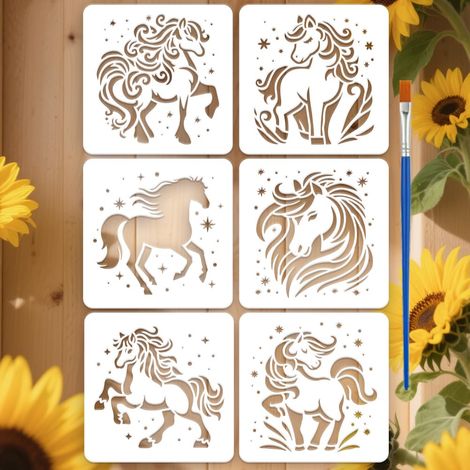 6Pcs Pochoirs Cheval 15x15cm Modèles de Dessin Poney Magique Pochoir Peinture Cheval Cartoon Réutilisable Pet Avec Un Pinceau pour Peinture sur Bois Mur Toile Tissu Projets Artistiques (1/5)