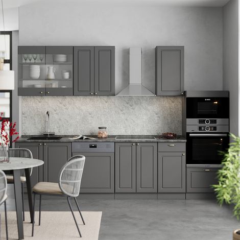 Cuisine Fame-Line, Anthrazit-Gold Landhaus, 300cm avec armoire haute, sans PT, Vicco
