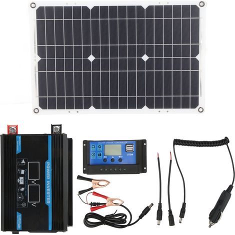 Kit onduleur solaire 300W, onde sinusoïdale modifiée, panneau solaire 18W 18V, contrôleur 30A 12V/24V, noir, conversion 12V vers 110V (1/5)