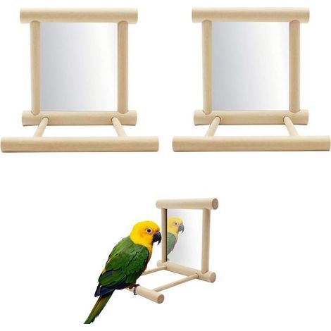 Espejo para pájaros de 2 piezas para loros, percha para pájaros con espejo, perchas para jaulas de pájaros con espejo y juguete para masticar, juguete de madera para jaulas de cacatúas, guacamayos gri (1/5)