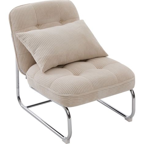 Fauteuil en velours côtelé beige, piètement chromé - Marvin