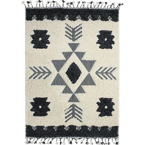 BERBÈRE TRIBAL LIGNES - Tapis salon à reliefs lignes crème et gris 160x230 (1/4)