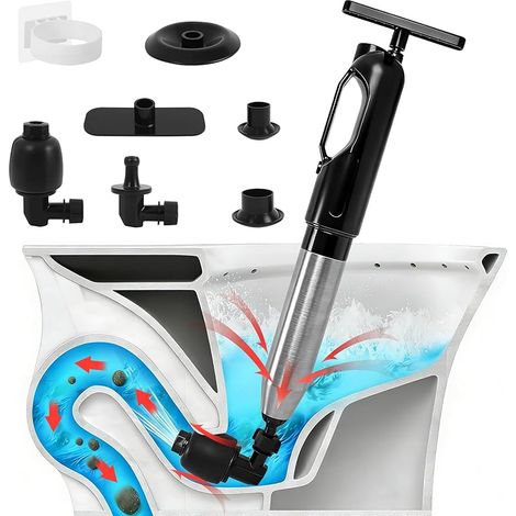 Déboucheur de Toilette à Air Comprimé, Deboucheur WC avec Manomètre, 4 Adaptateurs, Pistolet Déboucheur à Air Comprimé pour WC Toilettes, Évier, Cuisine et Baignoire (Noir) (1/5)