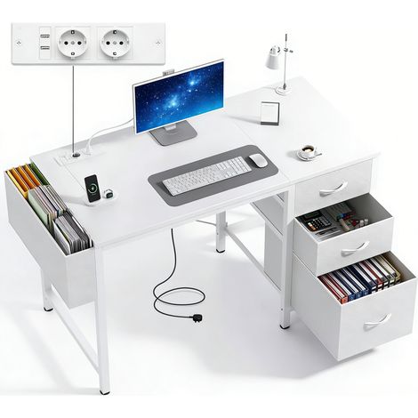 Petit bureau Claiks avec 3 tiroirs en tissu – Table d’ordinateur avec 2 prises intégrées (1/5)