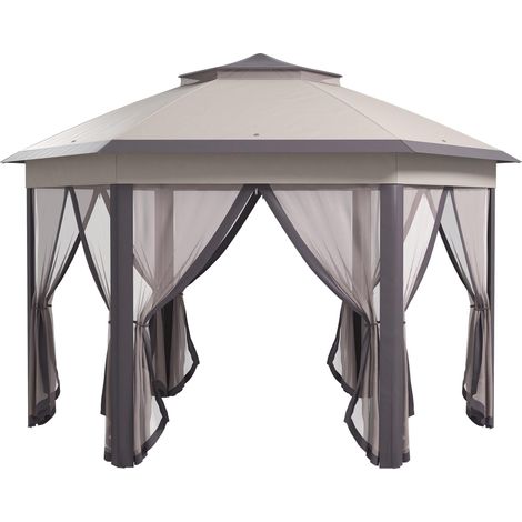 Pavillon de jardin pliable, tente pop-up 4x4m, tente de réception avec sac de transport et 6 panneaux latéraux, double toit hexagonal couleur café et beige (1/5)
